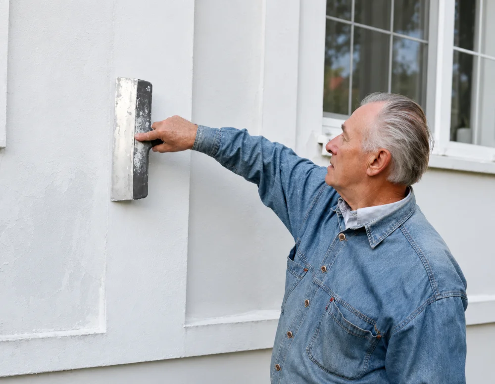 Artisan préparant un mur extérieur à la taloche